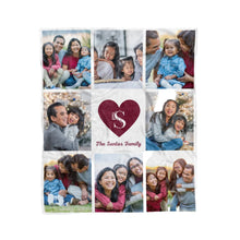 Load image into Gallery viewer, A personalized fleece blanket with multiple photo squares featuring a family, with a heart symbol in the center, and the initial 'S' for the family name.