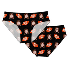 Load image into Gallery viewer, A pair of customized panties with multiple images of a woman's face printed on them, along with the text 'KISS ME'.