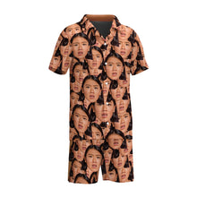 Load image into Gallery viewer, A short sleeve men's pajama set with a pattern of repeated faces in brown tones.