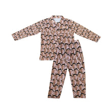 Load image into Gallery viewer, Pajama set with multiple faces printed on a light beige background